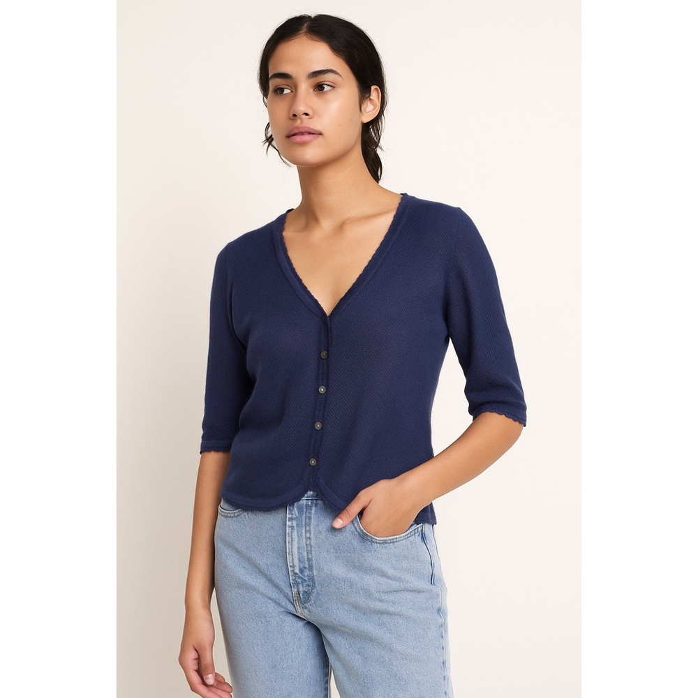 Tommy Bahama | Navy Cotton Scalloped Lightweight Knit Feminine Cardi Sweater